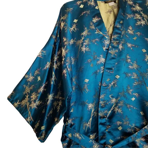 Old Shanghai VTG Asian Blue Gold Kimono Robe 3/4 Sleeves Pockets One Size - Picture 5 of 8